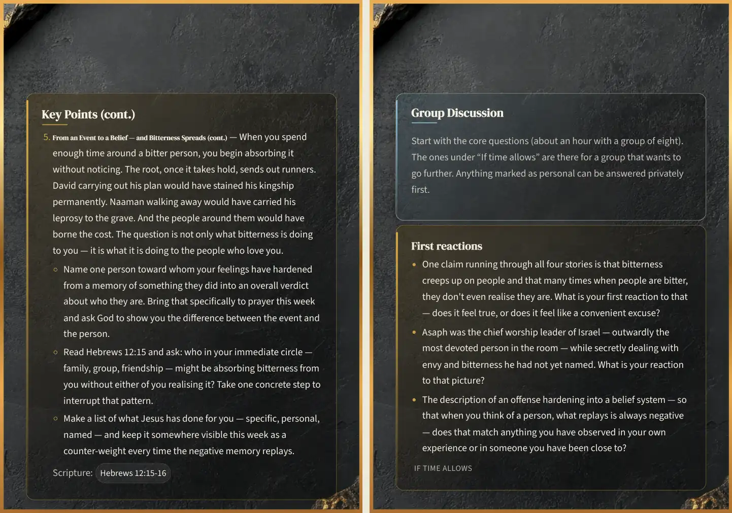 Study Guide pages 22 and 23: Key Points continued, From an Event to a Belief and Bitterness Spreads, with three practice steps and the scripture Hebrews 12:15-16; then Group Discussion and First reactions questions
