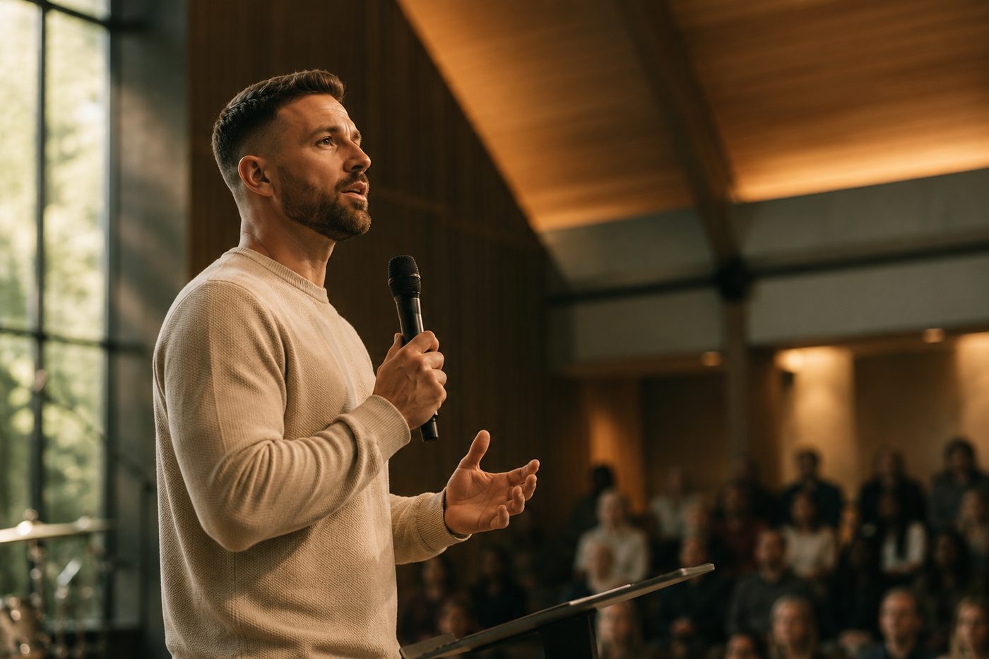 A pastor preaching to his congregation on a Sunday morning
