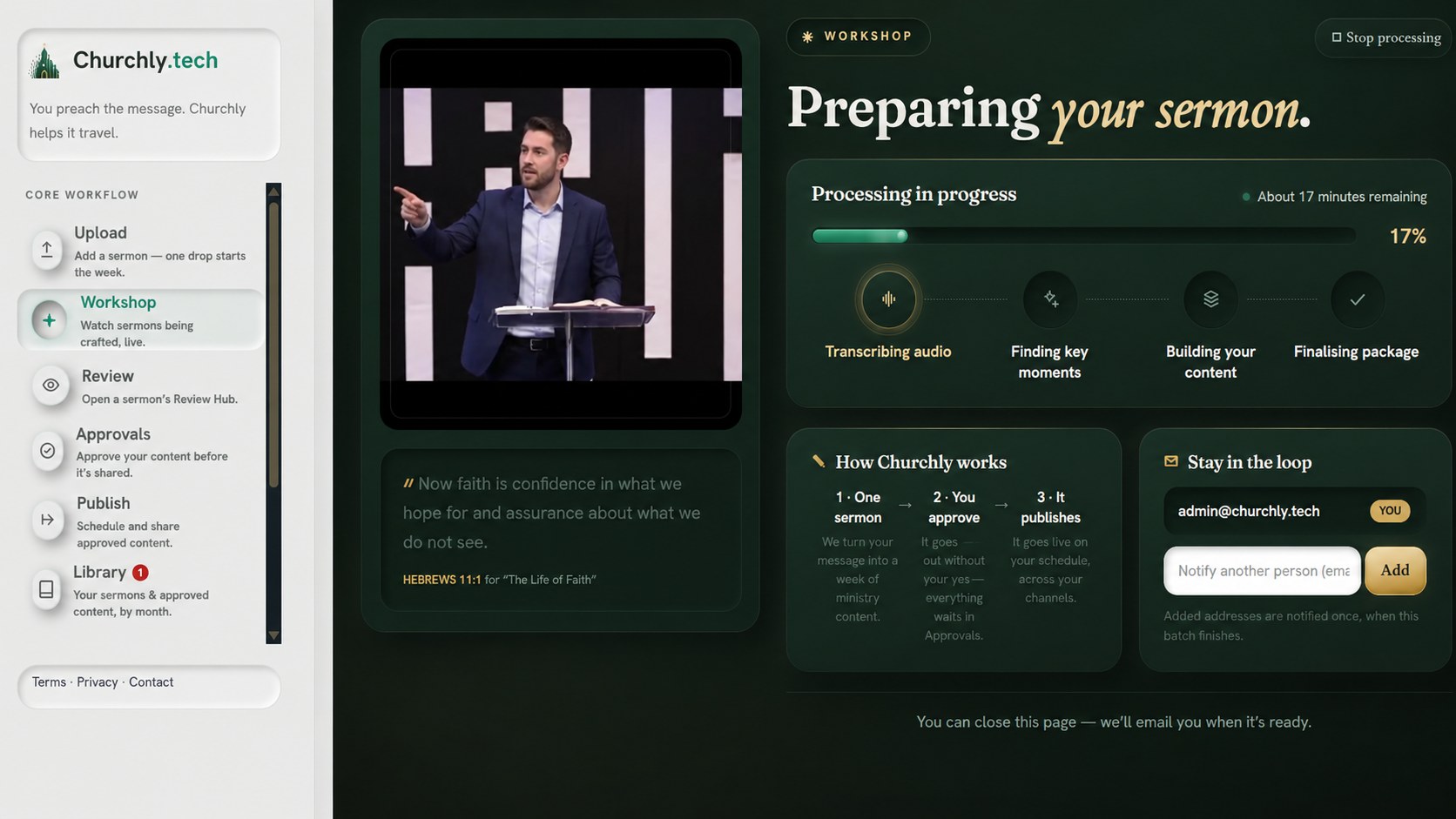 Sermon Studio preparing a sermon: transcribing, finding key moments, building content