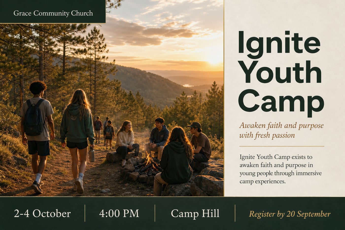 A designed flyer for a youth camp, in the church's brand