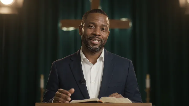 Pastor Sam Carter, our sample pastor, preaching at the lectern: the Sunday recording