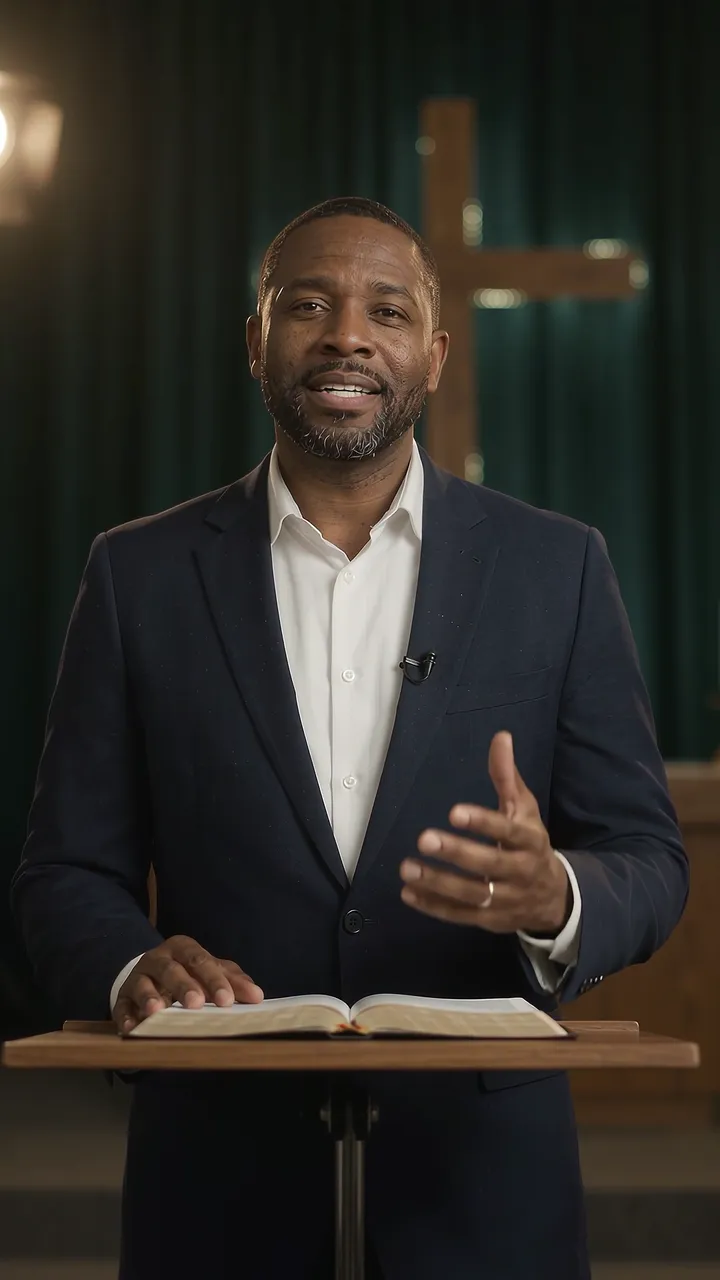 Pastor Sam Carter, our sample pastor, preaching: the finished frame of the hero clip
