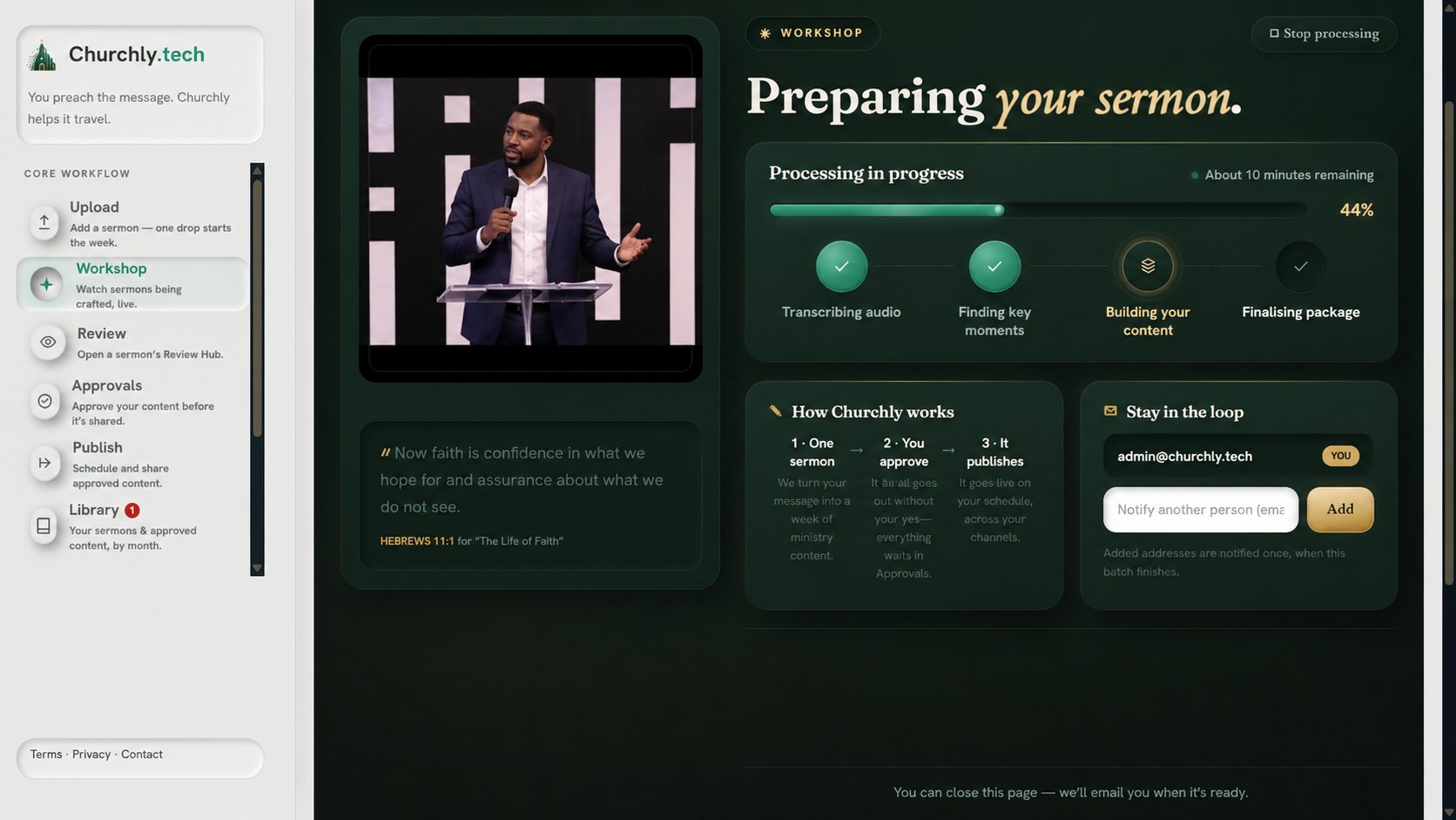 Churchly processing a sermon: transcribing, finding key moments, building content